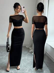 Crop Top And High Slit Maxi Skirt