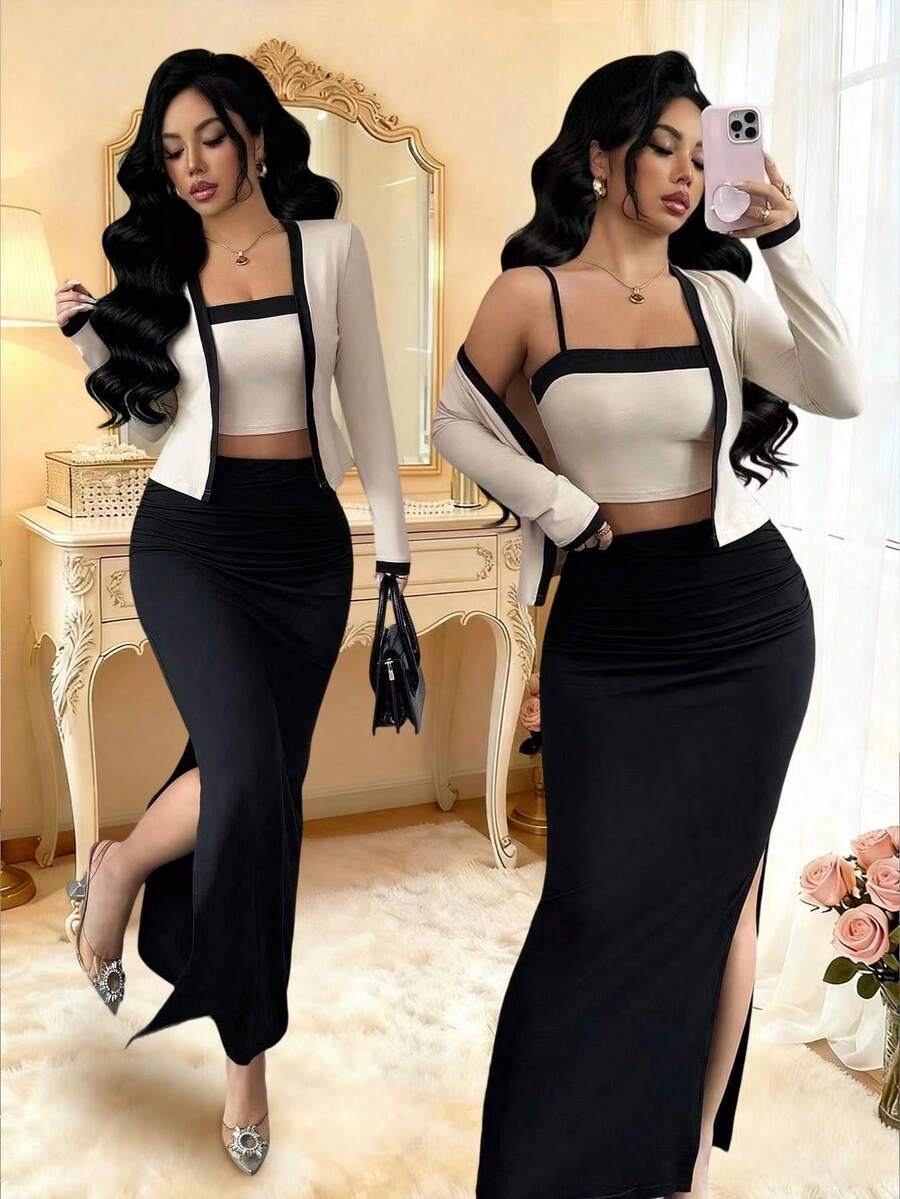 Pleated High Slit Midi Skirt Set