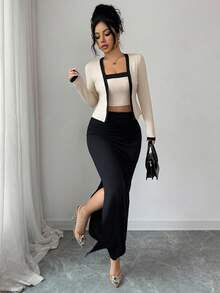 Pleated High Slit Midi Skirt Set