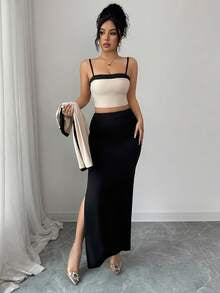Pleated High Slit Midi Skirt Set