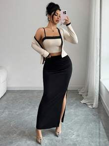 Pleated High Slit Midi Skirt Set