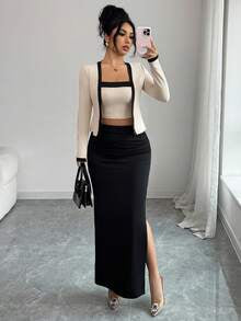 Pleated High Slit Midi Skirt Set