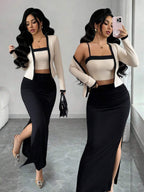 Pleated High Slit Midi Skirt Set