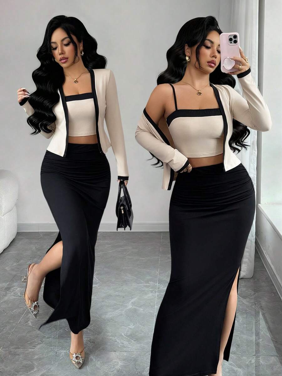 Pleated High Slit Midi Skirt Set