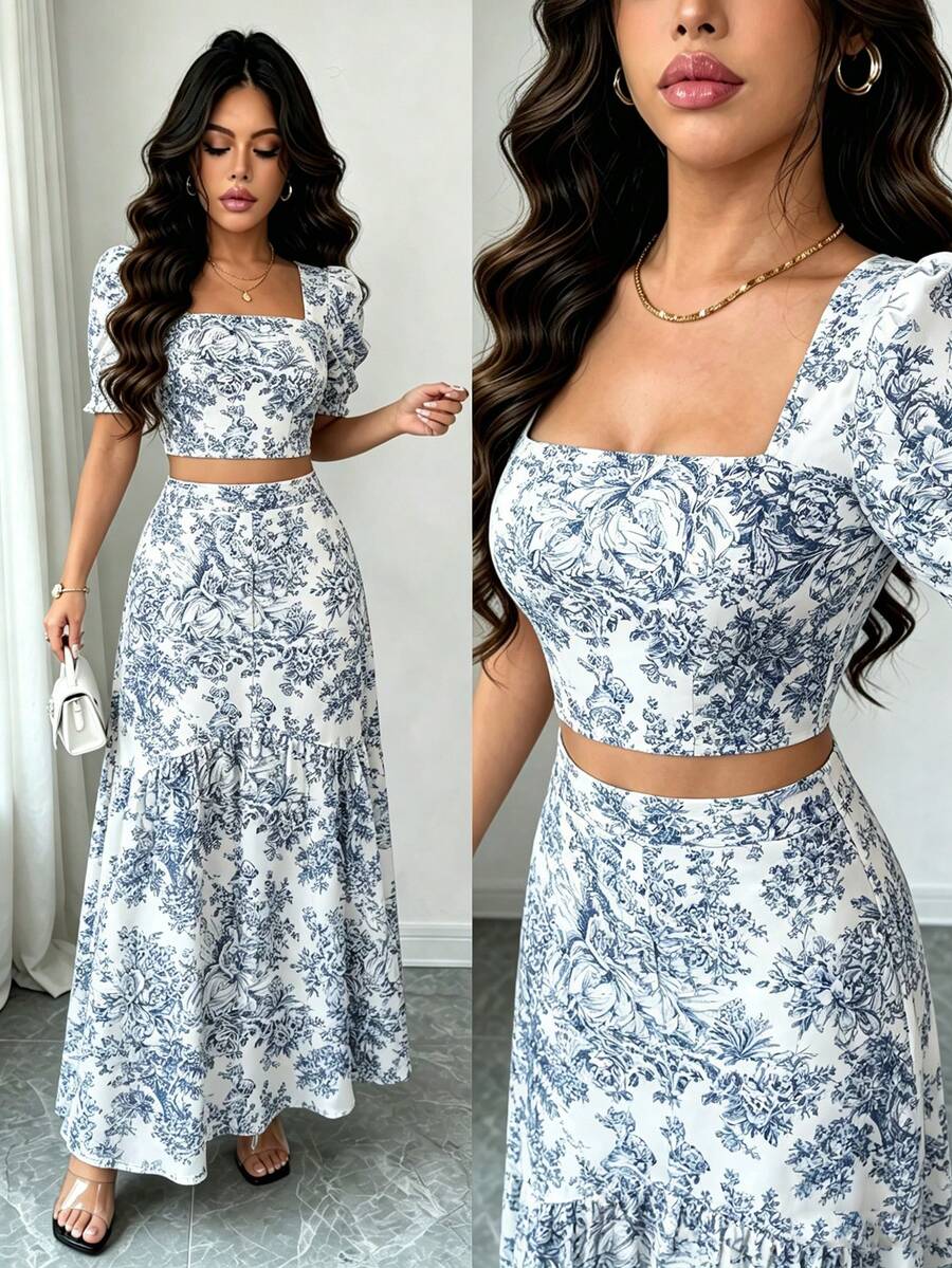 Floral Square Neck Short Sleeve