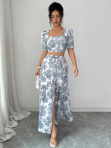 Floral Square Neck Short Sleeve
