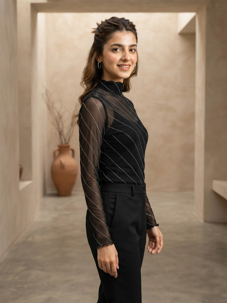 Stand Collar Long Sleeve Mesh Sheer Rhinestone Decorated Blouse Elegant Party Events Black Top