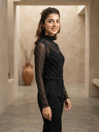 Stand Collar Long Sleeve Mesh Sheer Rhinestone Decorated Blouse Elegant Party Events Black Top