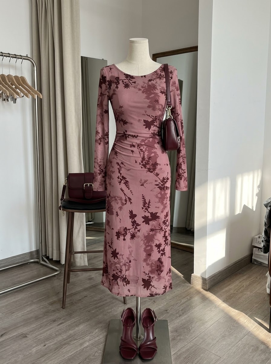 Women Sexy Wrap Style Floral
Mid-Length Dress, Spring/Fall Long Sleeve Dress