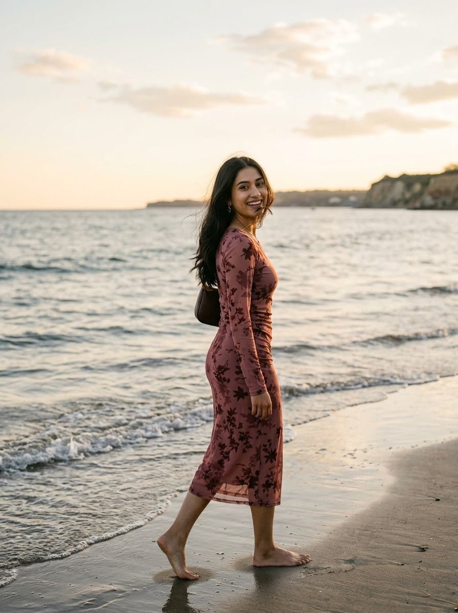 Women Sexy Wrap Style Floral
Mid-Length Dress, Spring/Fall Long Sleeve Dress