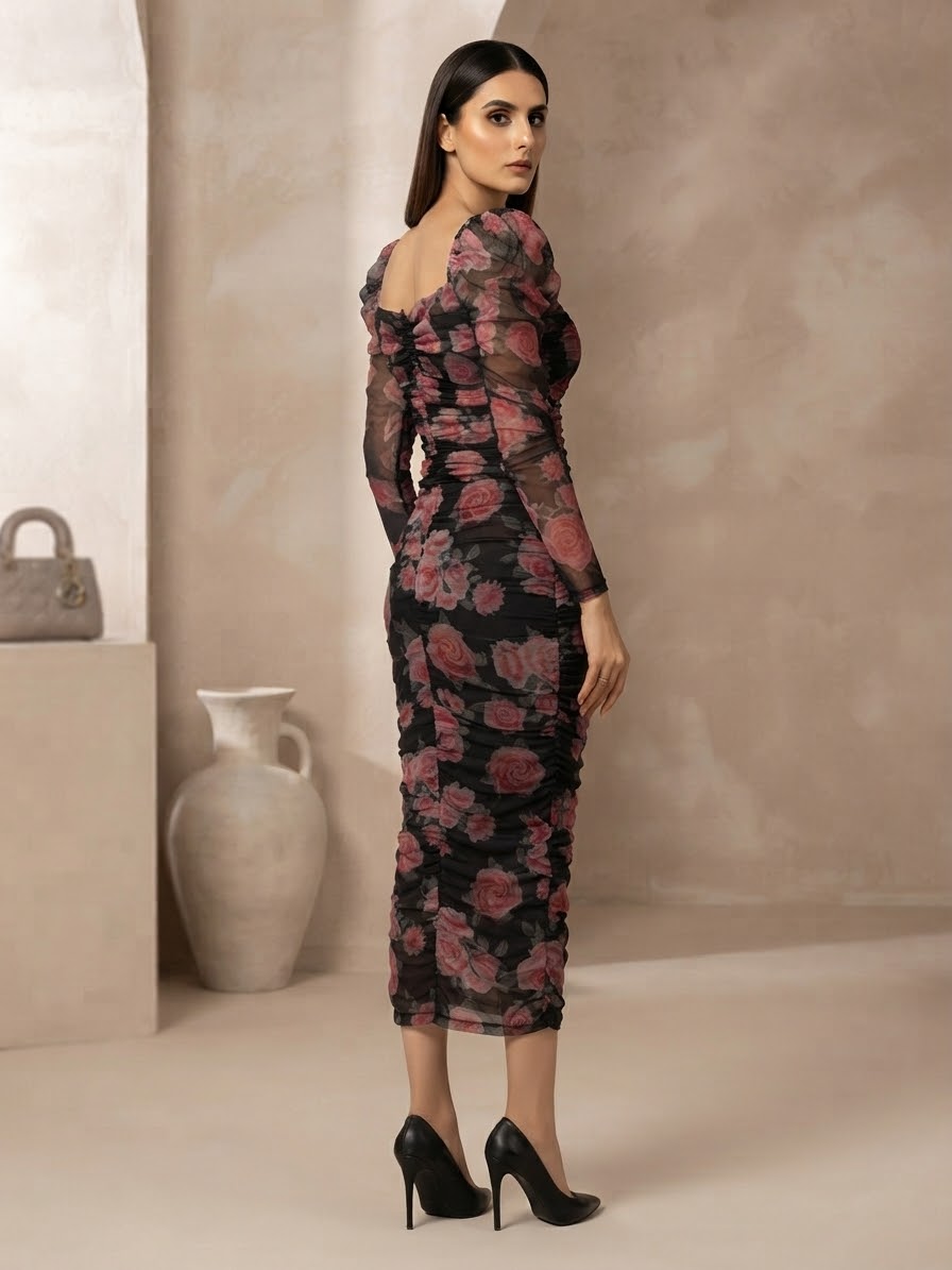 Pink And Black Floral Print Long Sleeve Maxi Mesh Dress For Women