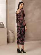 Pink And Black Floral Print Long Sleeve Maxi Mesh Dress For Women