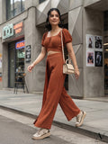 RustOrange,Autumn,Elegant,Everyday,Wedding Ninang Plus Size Women's Asymmetrical Shoulder Fitted Wide-Leg Pants 2-Piece Set,Casual Party Streetwear