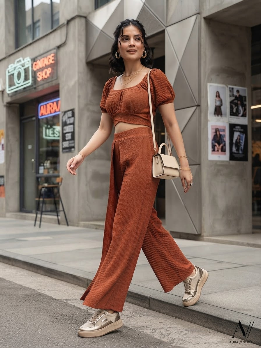 RustOrange,Autumn,Elegant,Everyday,Wedding Ninang Plus Size Women's Asymmetrical Shoulder Fitted Wide-Leg Pants 2-Piece Set,Casual Party Streetwear