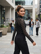 Stand Collar Long Sleeve Mesh Sheer Rhinestone Decorated Blouse Elegant Party Events Black Top
