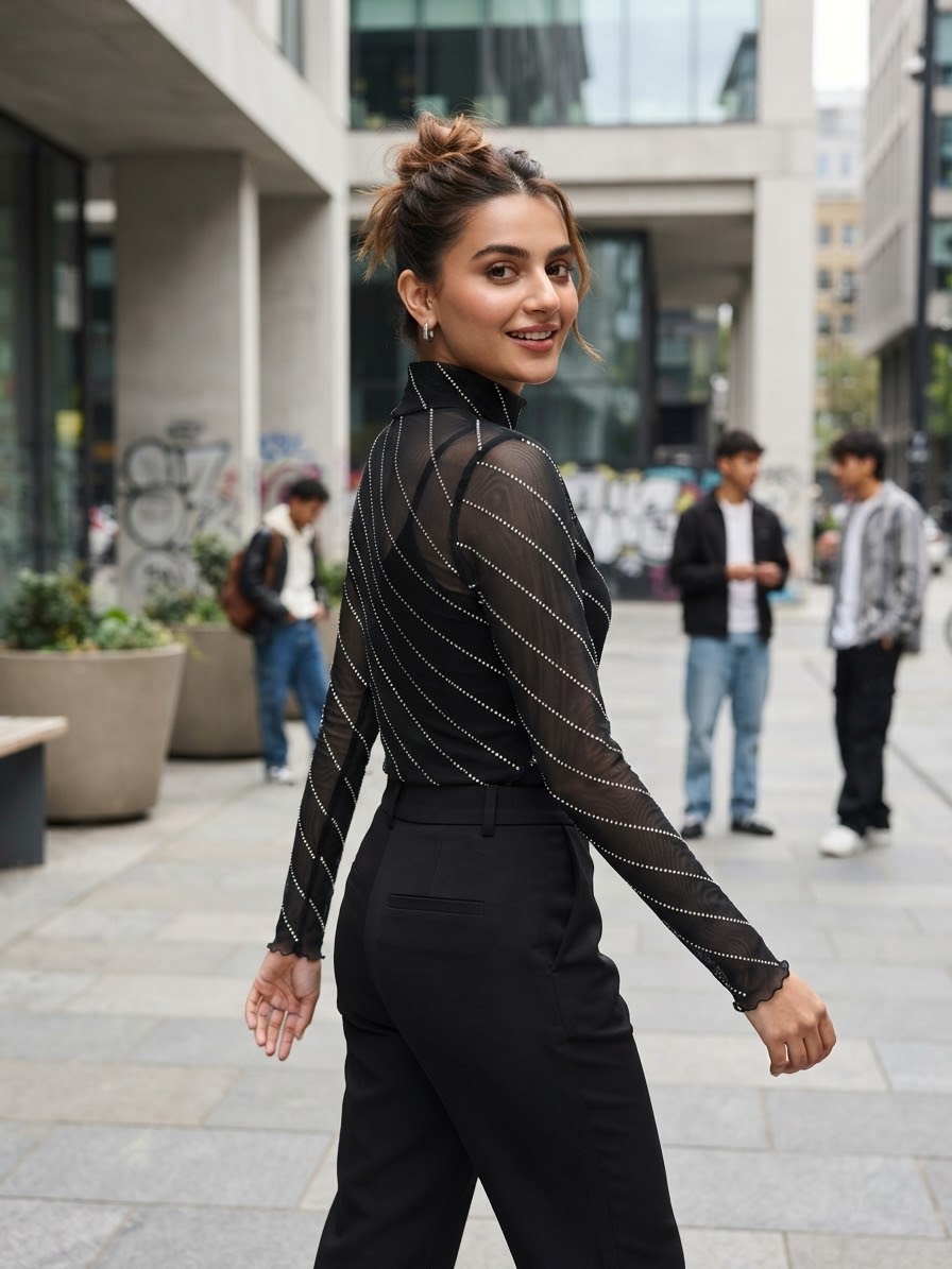 Stand Collar Long Sleeve Mesh Sheer Rhinestone Decorated Blouse Elegant Party Events Black Top