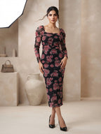 Pink And Black Floral Print Long Sleeve Maxi Mesh Dress For Women