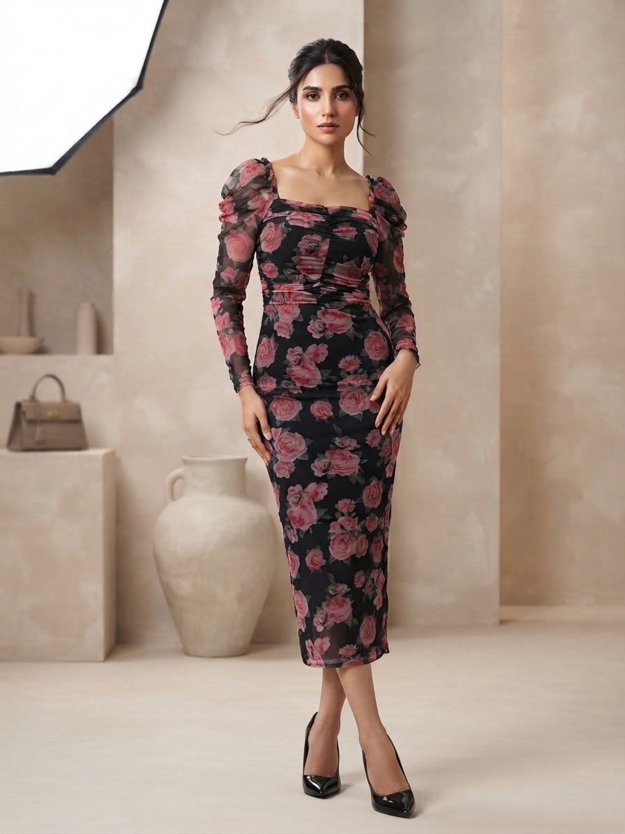 Pink And Black Floral Print Long Sleeve Maxi Mesh Dress For Women