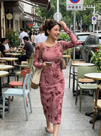 Women Sexy Wrap Style Floral
Mid-Length Dress, Spring/Fall Long Sleeve Dress