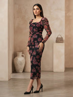 Pink And Black Floral Print Long Sleeve Maxi Mesh Dress For Women