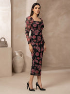 Pink And Black Floral Print Long Sleeve Maxi Mesh Dress For Women