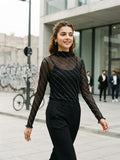 Stand Collar Long Sleeve Mesh Sheer Rhinestone Decorated Blouse Elegant Party Events Black Top