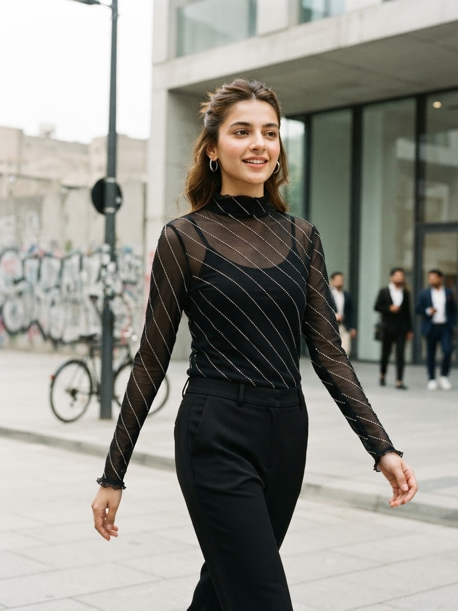 Stand Collar Long Sleeve Mesh Sheer Rhinestone Decorated Blouse Elegant Party Events Black Top